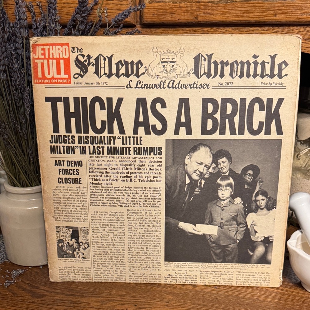 VTG collectible vinyl record of the 1972 album Thick as a Brick by Jethro Tull
